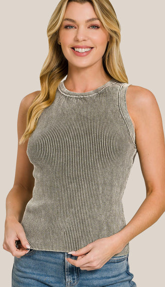 Washed Ribbed Sweater Tank Top- Dk Olive