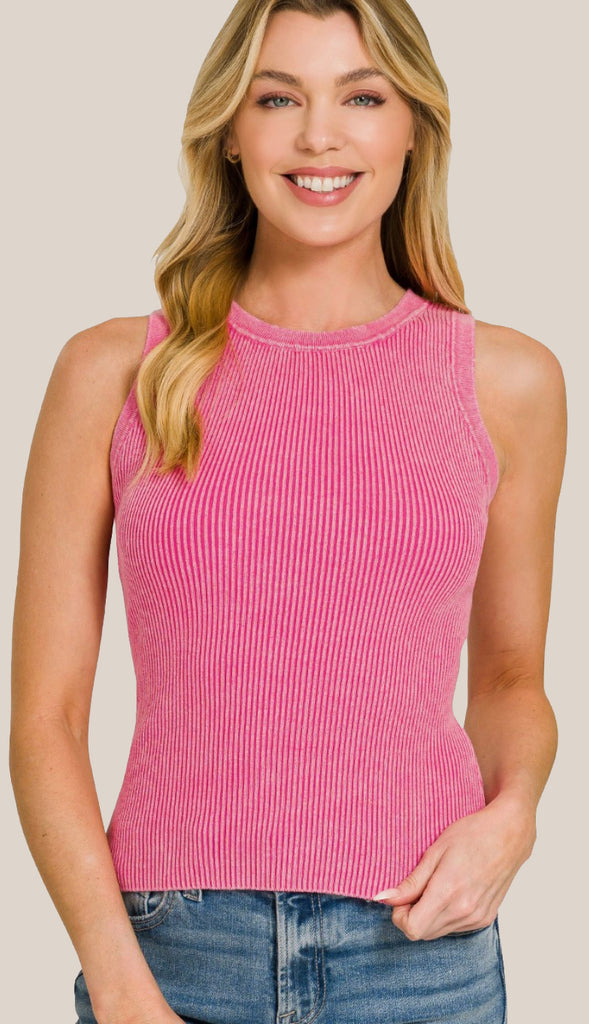 Washed Ribbed Tank Top- Black