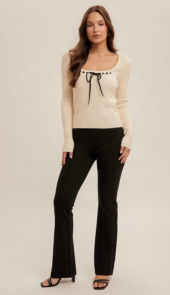 Ribbon Detail Square Neck Sweater- Cream