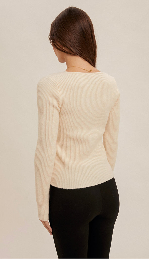 Ribbon Detail Square Neck Sweater- Cream