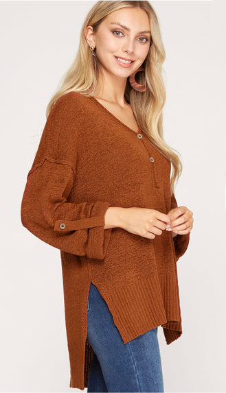 Roll Up Sleeve Button Sweater- Rust