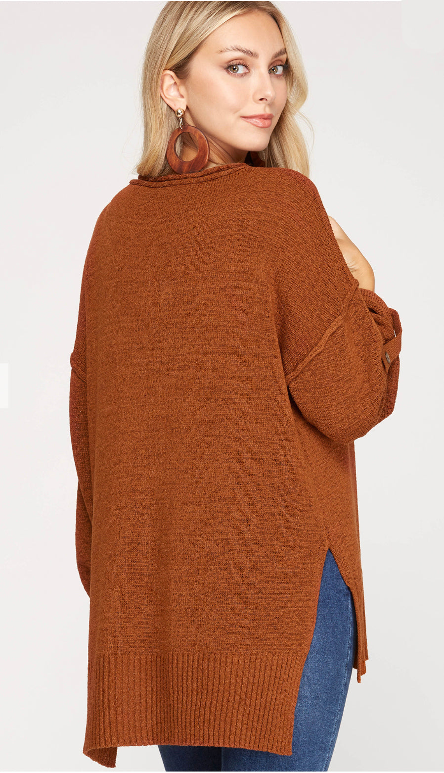 Roll Up Sleeve Button Sweater- Rust