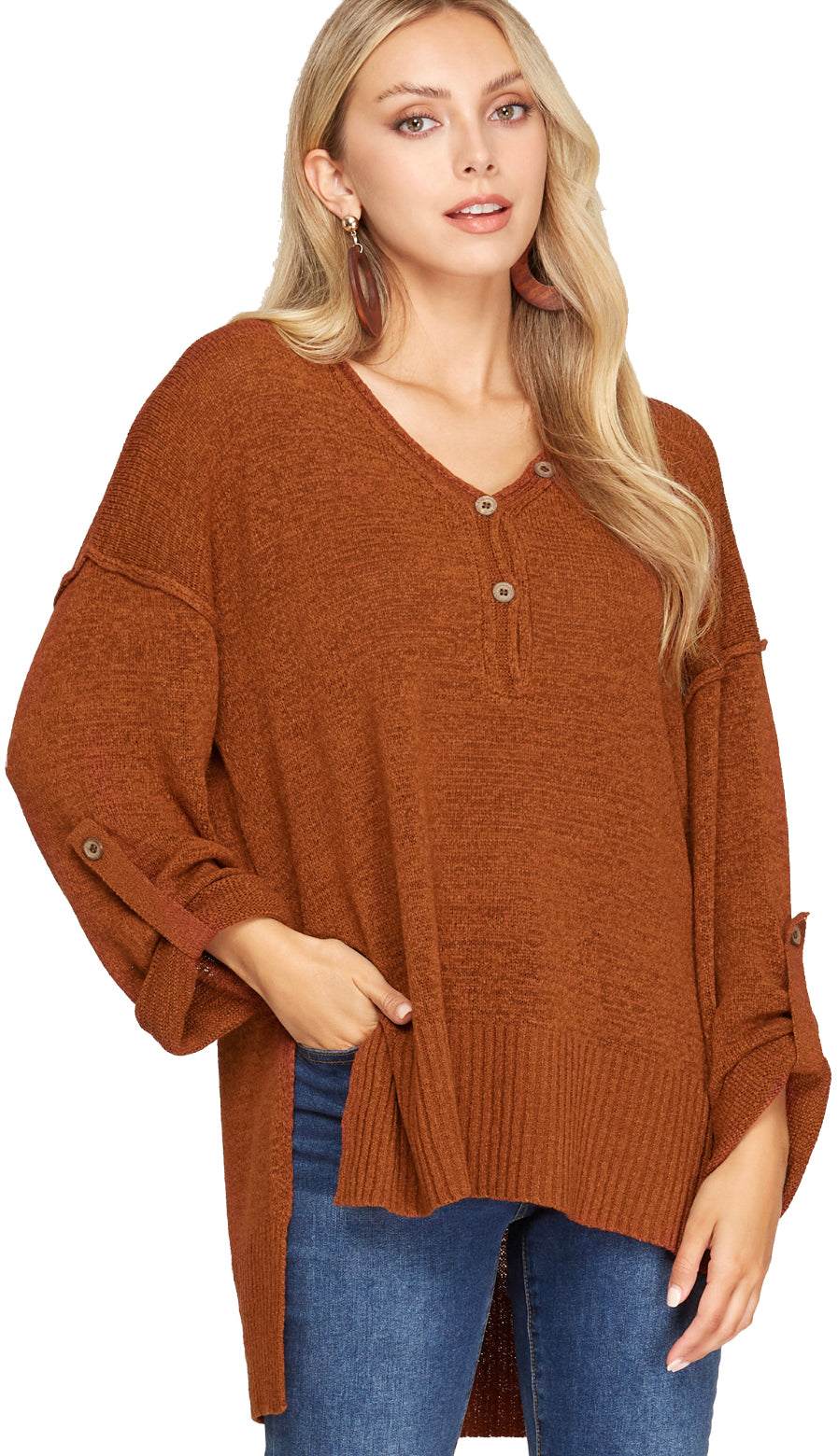 Roll Up Sleeve Button Sweater- Taupe