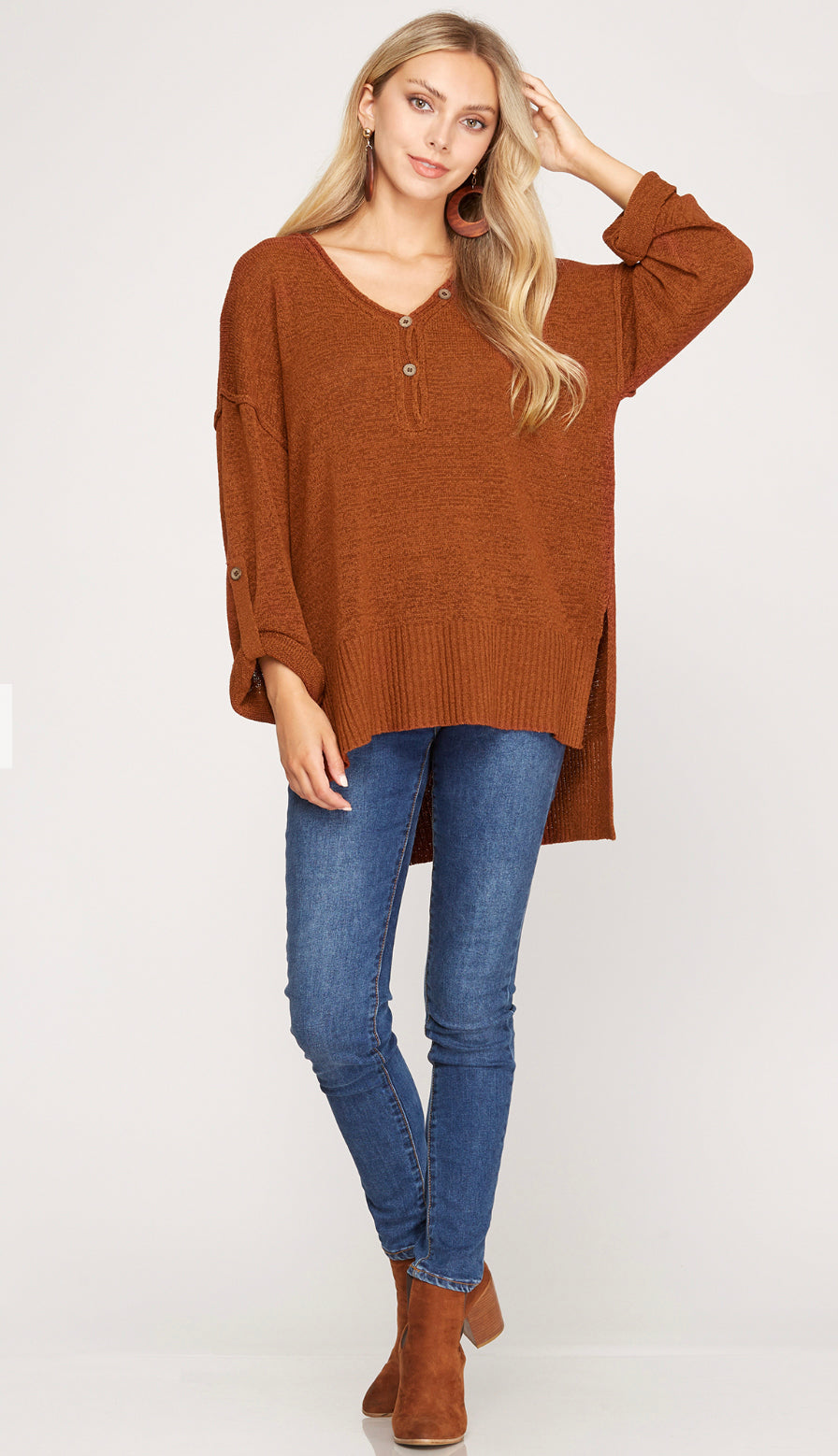 Roll Up Sleeve Button Sweater- Taupe