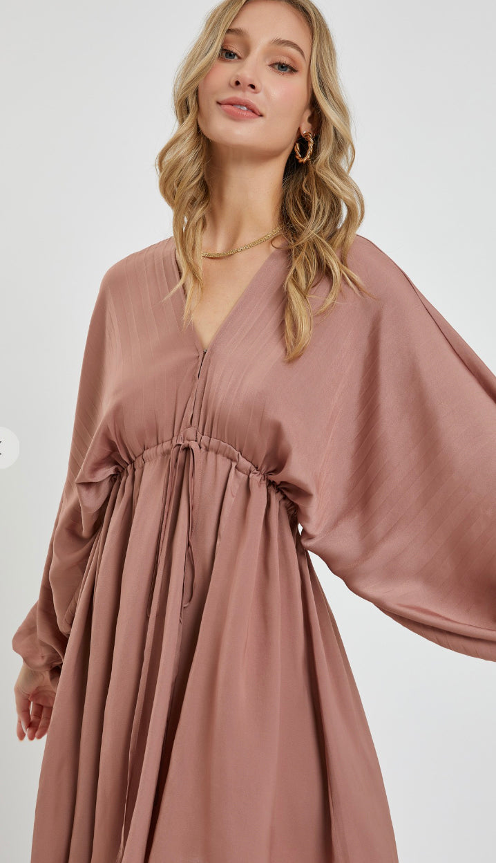 Smitten For You Satin Pleated Dress- Dry Rose
