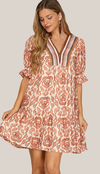 Luna Half Sleeve Print Dress- Rose
