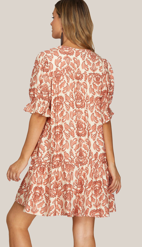 Luna Half Sleeve Print Dress- Rose