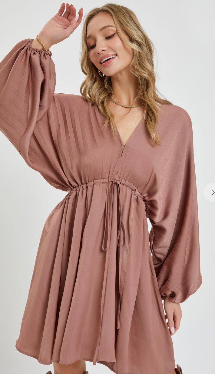 Smitten For You Satin Pleated Dress- Dry Rose
