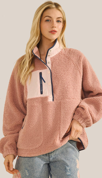 Warming Up Fleece Colorblock Button Pullover- Mauve Swoon Pink