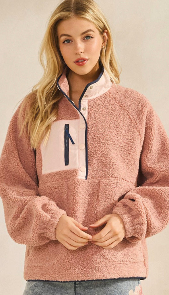 Warming Up Fleece Colorblock Button Pullover- Mauve Swoon Pink