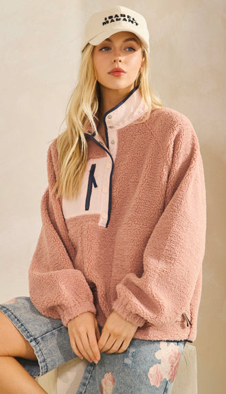 Warming Up Fleece Colorblock Button Pullover- Mauve Swoon Pink
