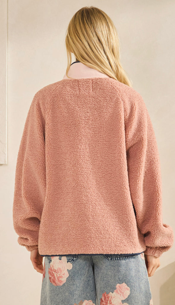 Warming Up Fleece Colorblock Button Pullover- Mauve Swoon Pink