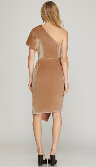 Vanessa One Shoulder Velvet Wrap Dress- Rose Taupe