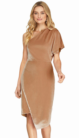 Vanessa One Shoulder Velvet Wrap Dress- Rose Taupe