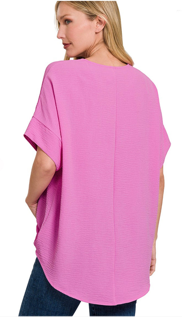 Split Neck Short Sleeve Oversized Top- Rose