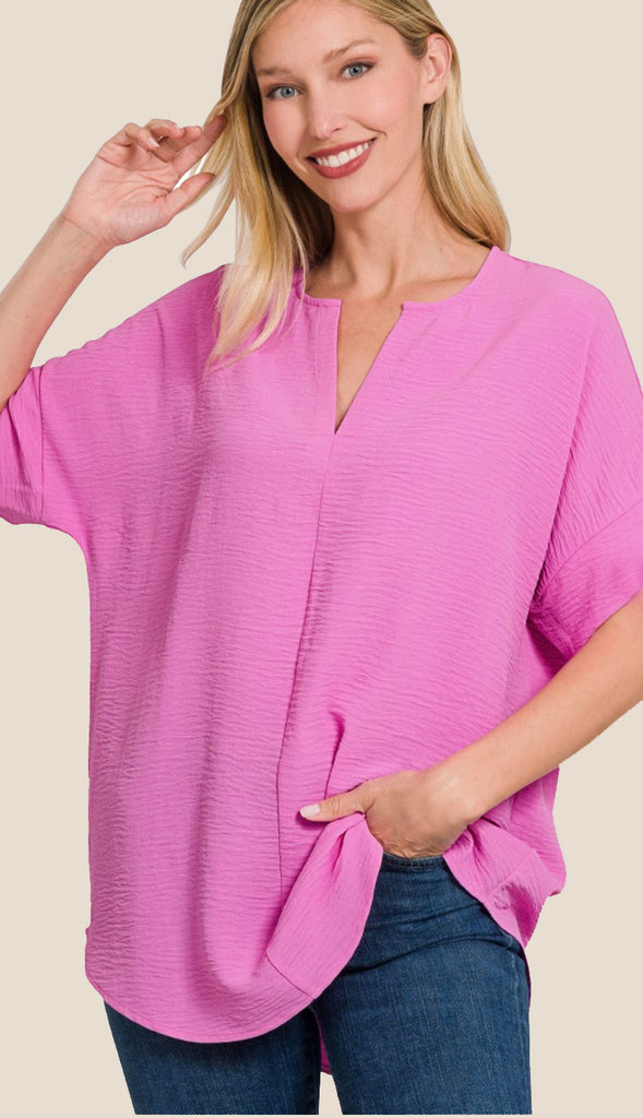 Split Neck Short Sleeve Oversized Top- Rose