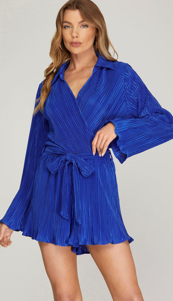Baker Bell Sleeve Plisse Romper- Royal Blue