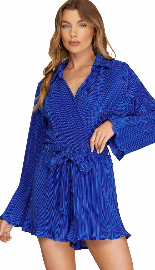 Baker Bell Sleeve Plisse Romper- Royal Blue