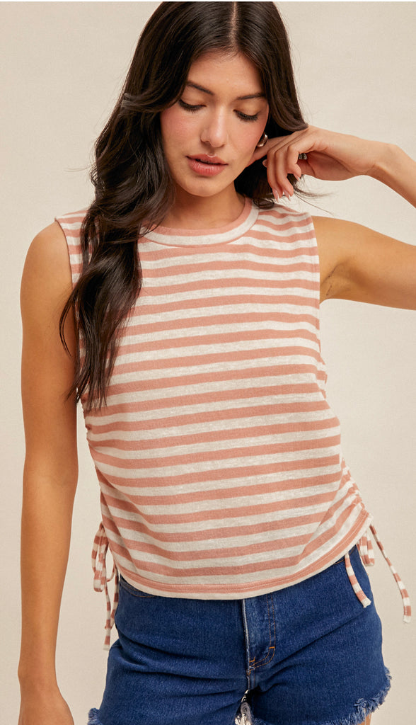 Sunshine Today Side Ruched Stripe Tank- Apricot