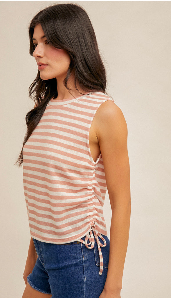 Sunshine Today Side Ruched Stripe Tank- Apricot