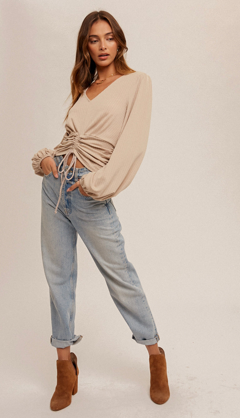 Easy For Me Ruched Rib Top- Lt. Taupe