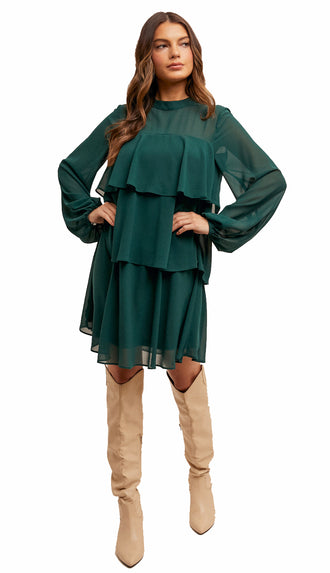 Demi Tiered Long Sleeve Dress- Hunter Green