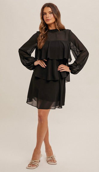 Demi Tiered Long Sleeve Dress- Black