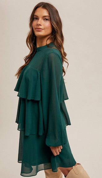 Demi Tiered Long Sleeve Dress- Hunter Green