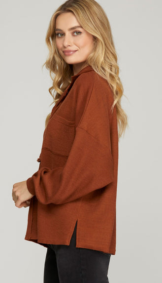 Leaves Change Collared Drop Shoulder Button Sweater- Cinnamon