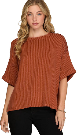 Millie Half Sleeve Textured Top- Rust