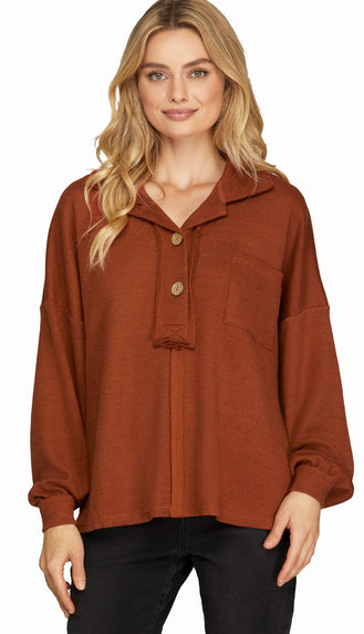 Leaves Change Collared Drop Shoulder Button Sweater- Cinnamon