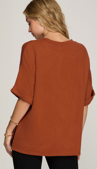 Millie Half Sleeve Textured Top- Rust