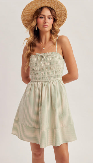 Picture Perfect Square Neck Smocked Dress- Sage