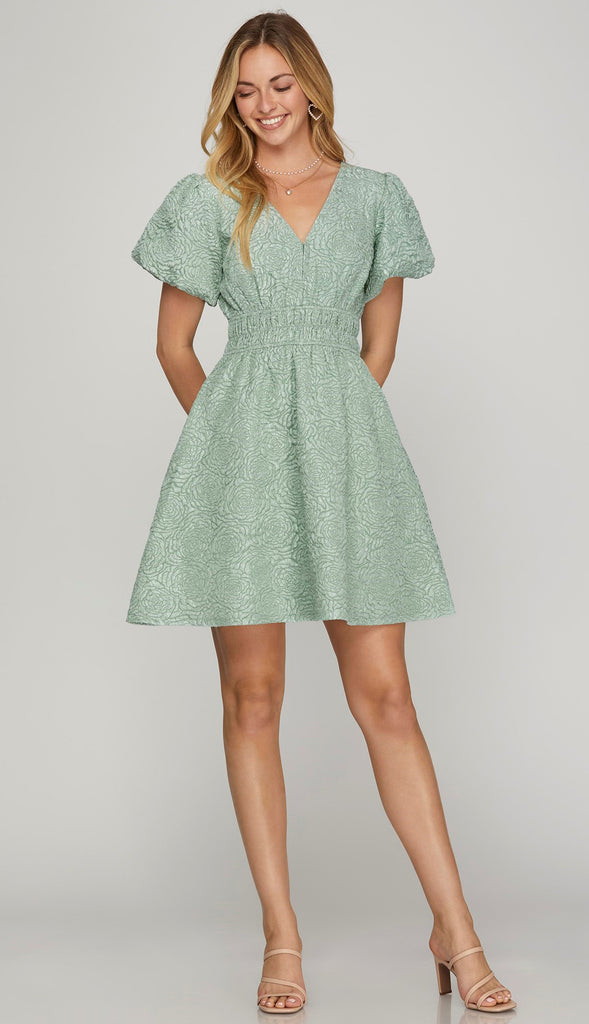 Rosie Puff Sleeve Floral Dress- Lt. Sage