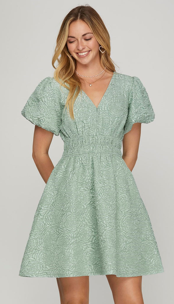 Rosie Puff Sleeve Floral Dress- Lt. Sage