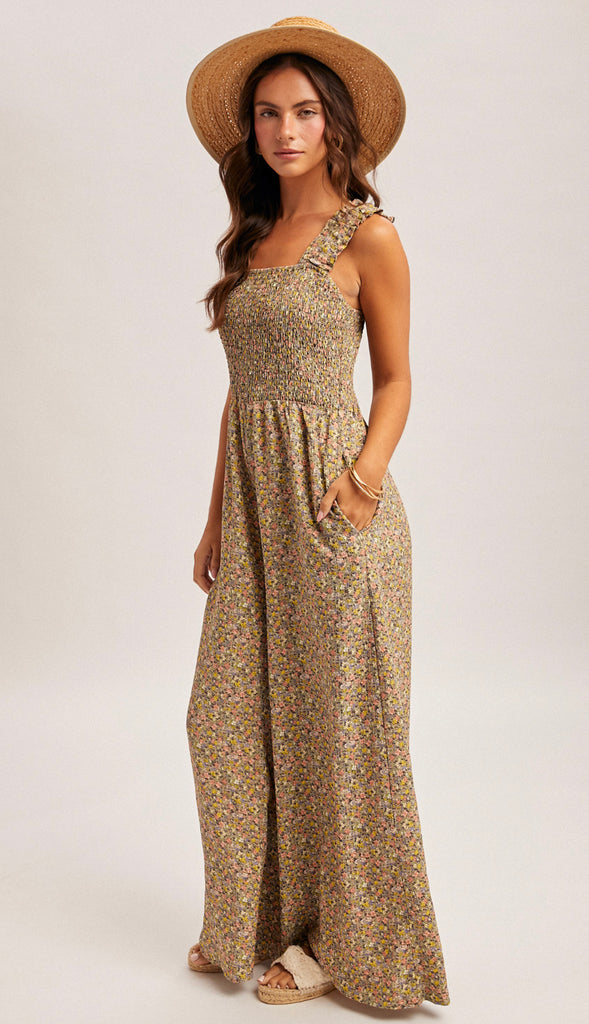 Greta Smocked Ditsy Floral Jumpsuit- Sage