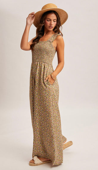 Greta Smocked Ditsy Floral Jumpsuit- Sage