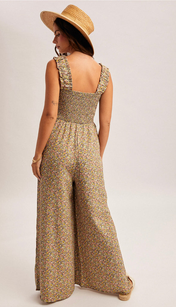 Greta Smocked Ditsy Floral Jumpsuit- Sage