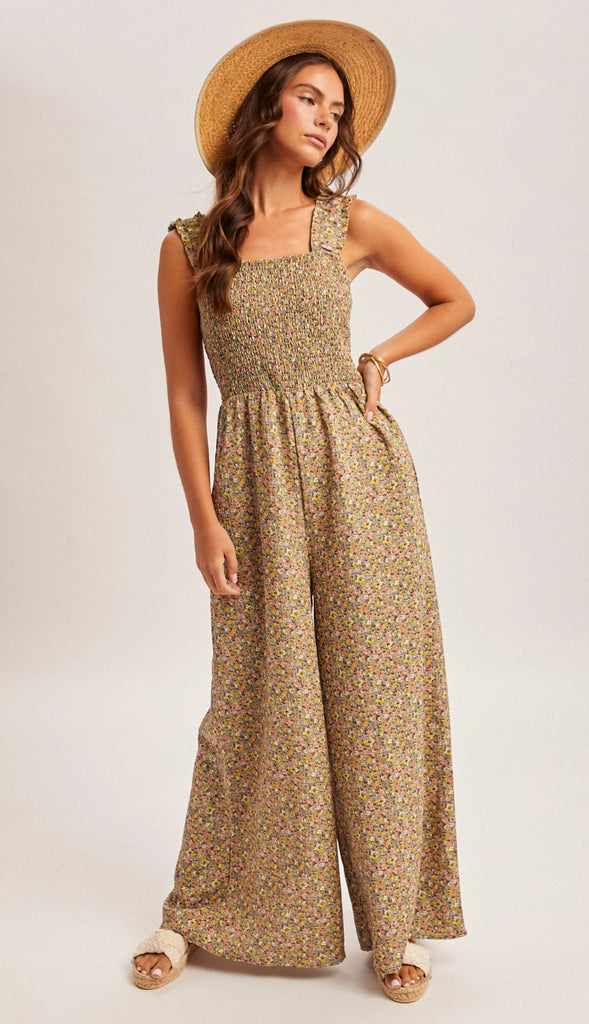 Greta Smocked Ditsy Floral Jumpsuit- Sage