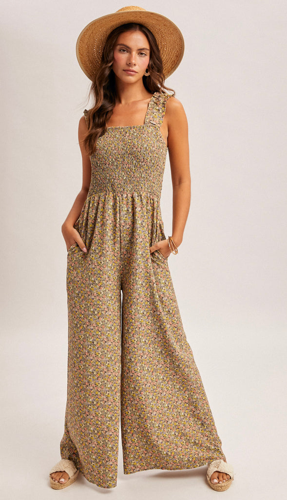 Greta Smocked Ditsy Floral Jumpsuit- Sage
