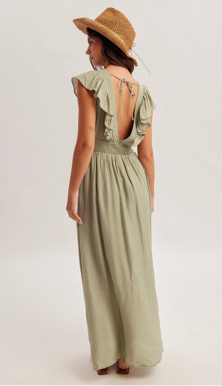 Willa Lace Up Midi Dress- Sage