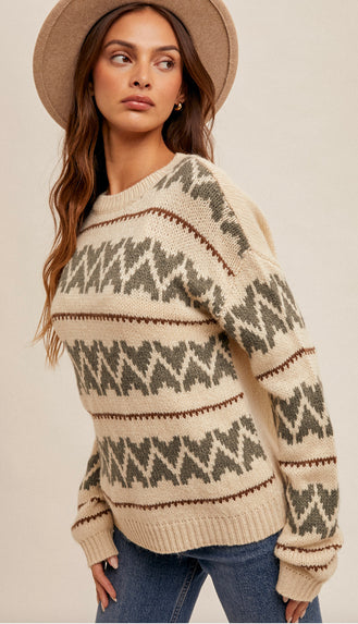 Festive Muted Crew Neck Sweater- Taupe/Sage