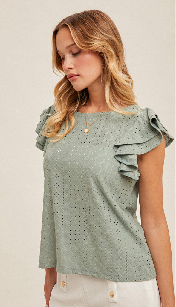 Senna Knit Eyelet Flutter Sleeve Top- Sage