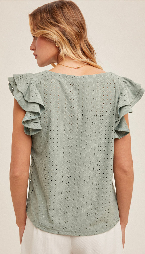 Senna Knit Eyelet Flutter Sleeve Top- Sage