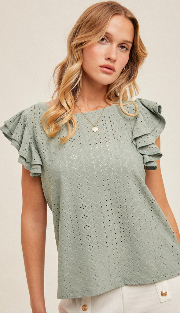 Senna Knit Eyelet Flutter Sleeve Top- Sage