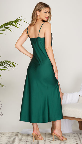 Yours Tonight Satin Midi Dress- Sea Green