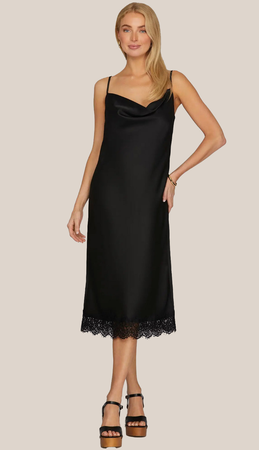 Simple Elegance Cowl Midi Dress With Lace- Black Simple Elegance Cowl Midi Dress With Lace- Black