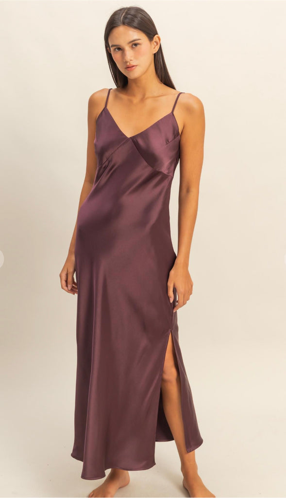 Harper Satin Midi Dress- Deep Plum