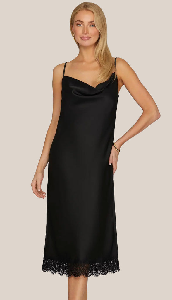 Simple Elegance Cowl Midi Dress With Lace- Black