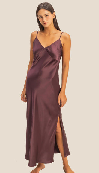 Harper Satin Midi Dress- Deep Plum